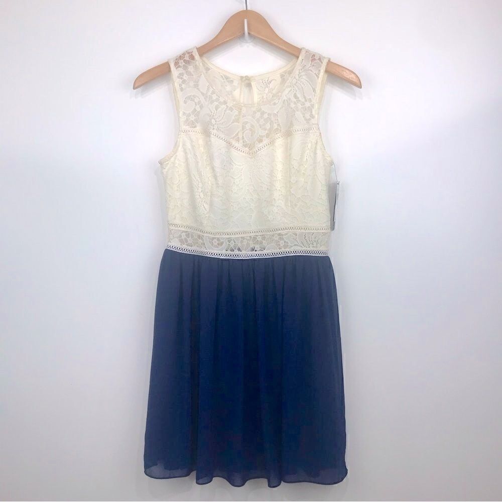 A. Byer Cream Lace and Navy Chiffon Sleeveless Dress - NEW With Tags